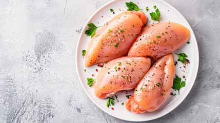 Fototapeta premium Raw chicken breasts seasoned with spices on a white plate.