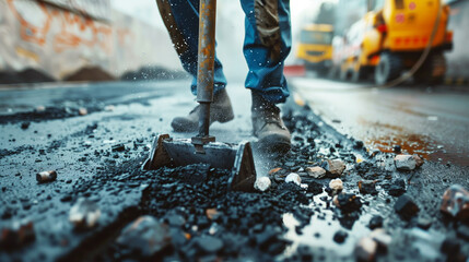 Close-up image of a worker using a roadwork tool on asphalt with dynamic action and splashes.