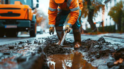 Construction worker in high visibility clothing laboring in wet conditions with a shovel and mud, with a truck in the background.