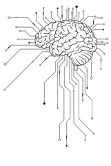 Illustration of human brain with lines and dots. Concept of human technological development working with artificial intelligence. Techno-brain. A brain implant. Printed circuit board.
