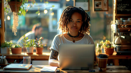  Digital nomad concept.A woman with dreadlocks is sitting at a table with a laptop computer in...