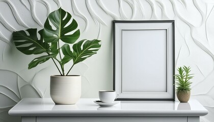 Poster frame ,vase, room, decoration, flowers, frame, kitchen, table, indoor, leaves