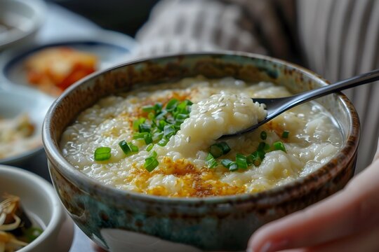 Comforting Korean Juk Porridge Nourishment in a Bowl on a Chilly Autumn Night