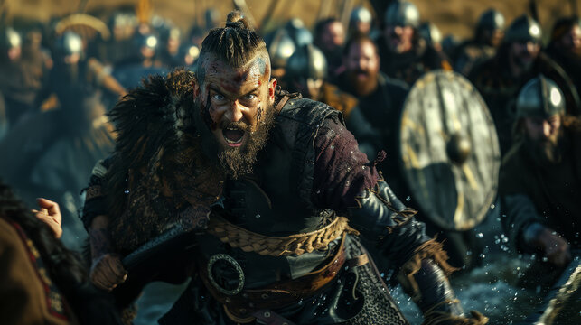 Fierce Viking warrior in mid-battle, his face a mask of primal rage and determination.
