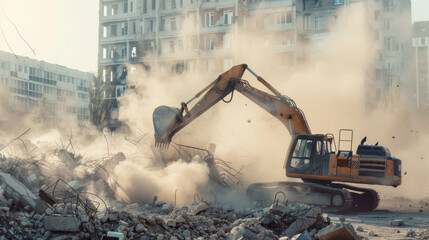 Powerful construction machinery demolishes an old building amid a cloud of dust and debris.