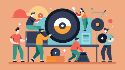 The workshop leaders emphasize the importance of preserving and respecting vinyl records as the youths take on a vinyl record restoration project. Vector illustration
