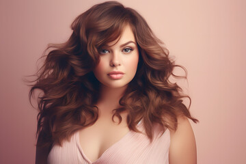 Fototapeta premium Portrait of beautiful plus size woman with brunette hair in fornt of pastel background