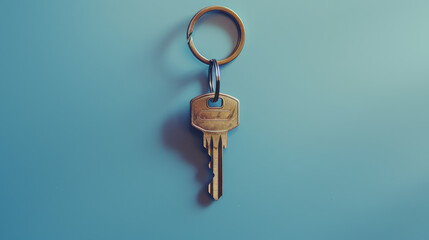 A single key suspended on a metal ring over a blue background.