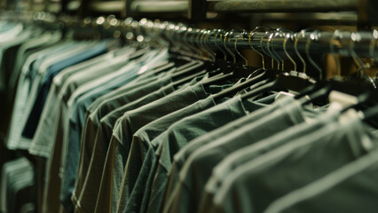 Neatly aligned shirts on hangers showcasing subtle fashion hues.