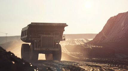 Massive mining truck forges through a quarry in harsh sunlight, signifying industry.