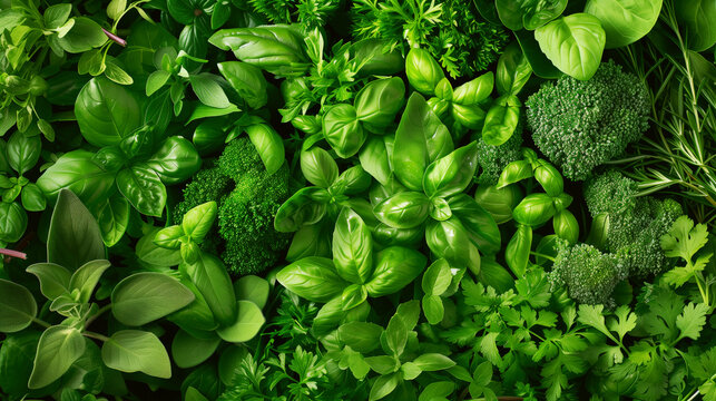 A vibrant selection of fresh herbs and greens including basil, parsley, and broccoli.