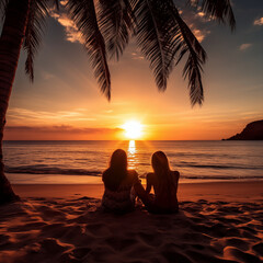 Romantic lesbian couple on beach at sunset