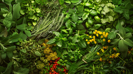 A vibrant and diverse array of fresh herbs and edible flowers spread out in a lush composition.