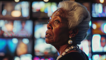 Obraz premium An elder woman's reflective gaze, lit by a tapestry of colorful TV screens.