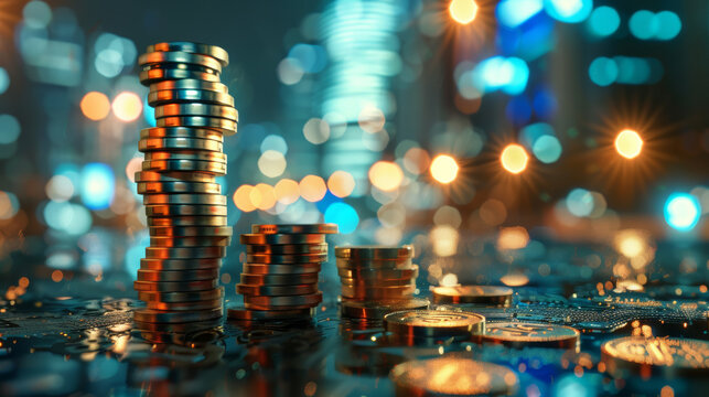 Shimmering crypto coins and stacks on a digital circuit board.