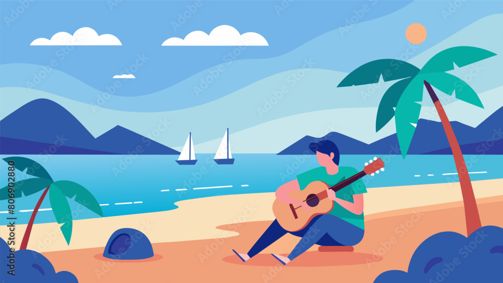Poster a serene beach setting with a lone acoustic guitarist strumming and singing while the waves crash in