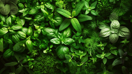 Lush green background of assorted fresh culinary herbs, with leaves highlighted in dramatic lighting.