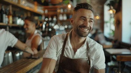 Fototapeta premium Cheerful barista in an apron smiling warmly in a bustling cafe environment.