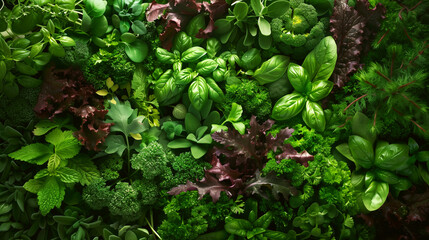 A vibrant display of various fresh green herbs and leafy vegetables creating a lush background. - Powered by Adobe