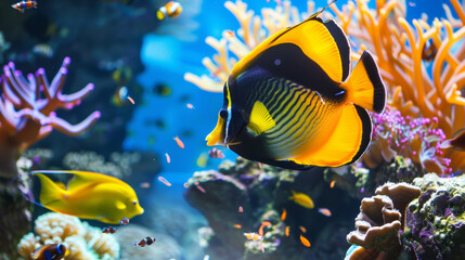 Obraz premium Colorful aquatic life scene featuring a vivid yellow and black striped fish in coral reef.