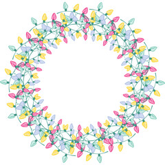 Christmas lights wreath illustration on transparent background.
