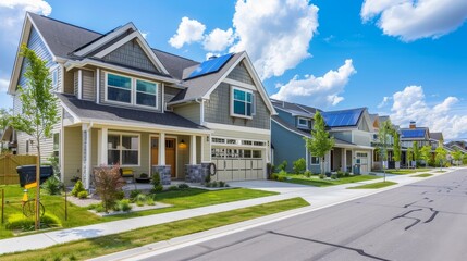Naklejka premium Suburban homes with solar panels showcasing impact of government incentives