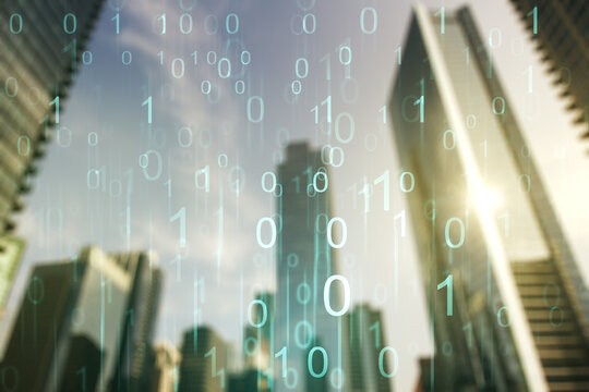 Double exposure of abstract virtual binary code hologram on modern skyscrapers background. Database and programming concept