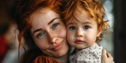 Happy young redhead mom hold in hands baby. ai generated