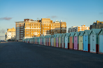 A Row of Beach Huts on the coast of Brighton beach. England