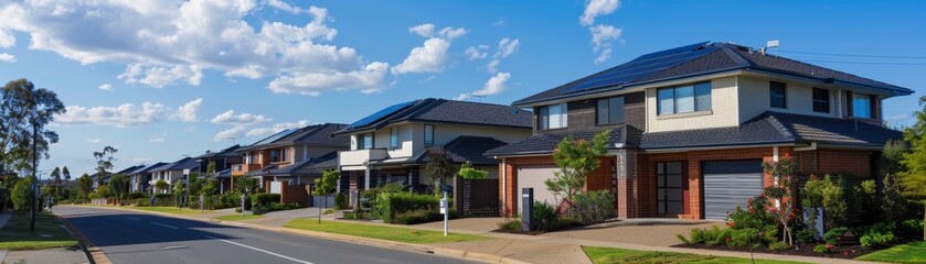 Fototapeta premium Suburban homes with solar panels showcasing impact of government incentives