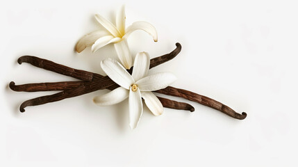 Artistic arrangement of vanilla flowers and pods on a white background with ample copy space.