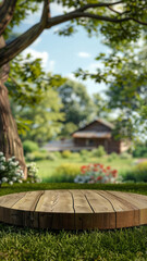 Fototapeta premium A wooden round table is in a grassy garden with a house in the background. Empty space for product placement or advertising text.