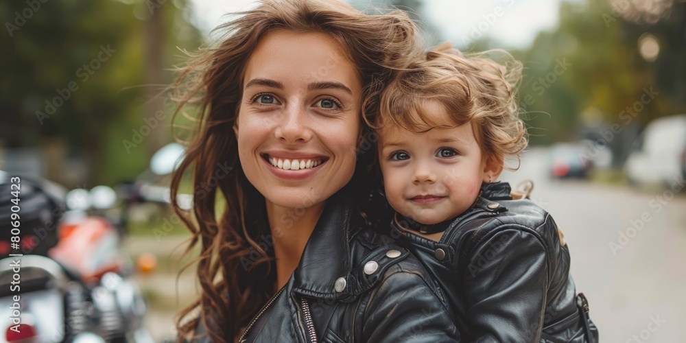 Wall mural smiling woman wearing leather jacket and her toddler , motorbike in the background. ai generated