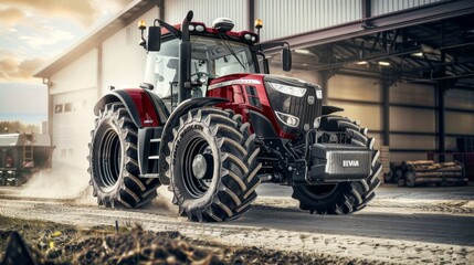 Vivid red tractor against modern white warehouse backdrop for dynamic visual impression