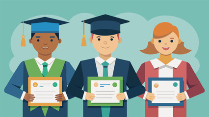 A picture of a group of trade school graduates proudly showcasing their certificates with the words Ready for the workforce and debtfree.. Vector illustration