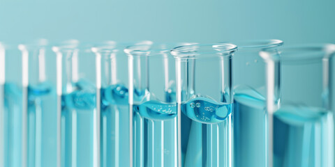 A row of clean test tubes filled with blue liquid. The tubes are lined up next to each other, and the liquid inside is clear and colorless.