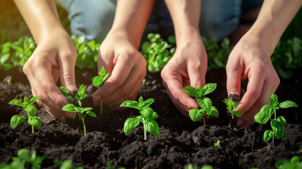 Two people are planting green plants in the dirt. The plants are small. Concept of nurturing and growth, as the people are tending to the plants. hands of two women planting plants in the soil