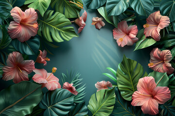 Frame of pink flower lay on a green background, top view, frame, 3D illustration