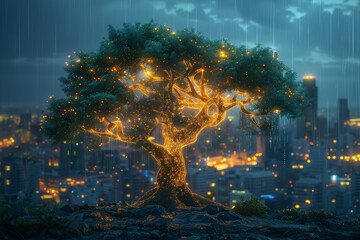 Fototapeta premium Illustration of beautiful glowing tree growing on cities representing digital technology in studio, 3D illustration