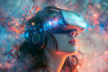 Woman wearing a virtual reality headset in dreamy world, 3D illustration