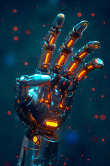 Naklejka premium Touch of technology, robot hand on dark background, 3D illustration