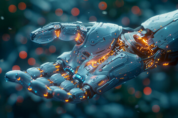 Touch of technology, robot hand on dark background, 3D illustration