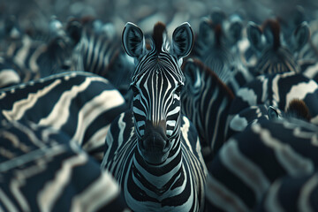 Standing out from the crowd concept with zebra in heard of horses