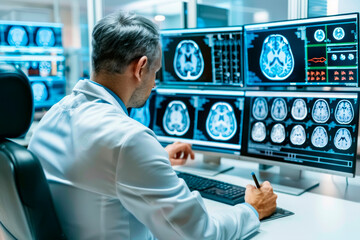 The doctor of magnetic resonance therapy studies the results of the research