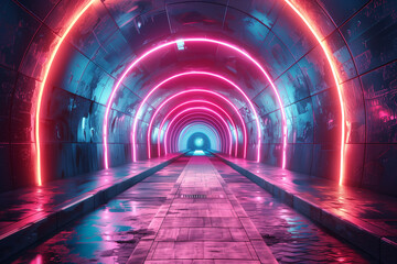 Abstract background of futuristic tunnel with bright neon lights created with generative AI technology, 3D illustration