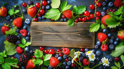 A vibrant display of fresh berries around a wooden signboard, featuring strawberries, blueberries, and cherries.