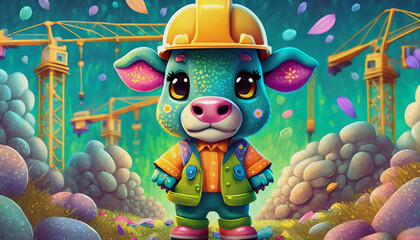 oil painting style cartoon character baby cow construction worker on a site, yellow protective helmet