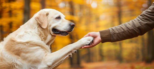 Loyal labrador dog offering paw to man in heartfelt moment of trust and affection