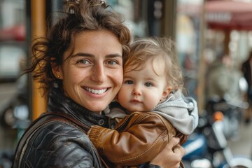 smiling woman wearing leather jacket and her toddler , motorbike in the background. ai generated