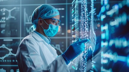 Biohacking technology, scientist in protective clothing works on user interface in laboratory, analysis statistic graph chart diagram